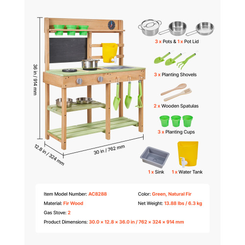 Wood Mud Kitchen with Water Play Set & Cooking Toys for Outdoor - Image 3