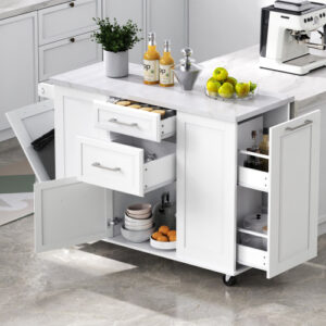 Rolling Kitchen Island on 5 Wheels with Drop Leaf