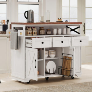 Power Outlet, Rolling Kitchen Cart on Wheels with Drop Leaf