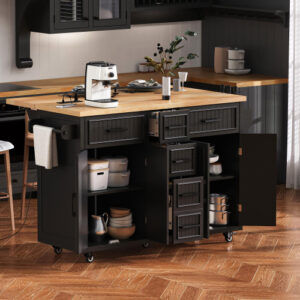Embossed Vertical Stripe Rolling Kitchen Cart on Wheels with 4 Doors