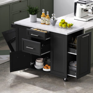 Rolling Kitchen Island on 5 Wheels with Drop Leaf