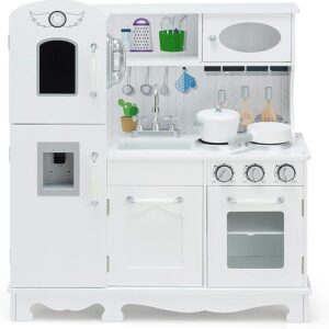 Wooden Little Chef Pretend Play Kitchen w/Cookware Accessories, Phone, Large Storage Cabinet, Ice Dispenser, Play Kitchen for Toddlers, Gift for Boys Girls 3+